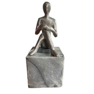 Modernist Cast Metal Seated Figure Sculpture on Grey‎ Marble Base Decor 7.5"